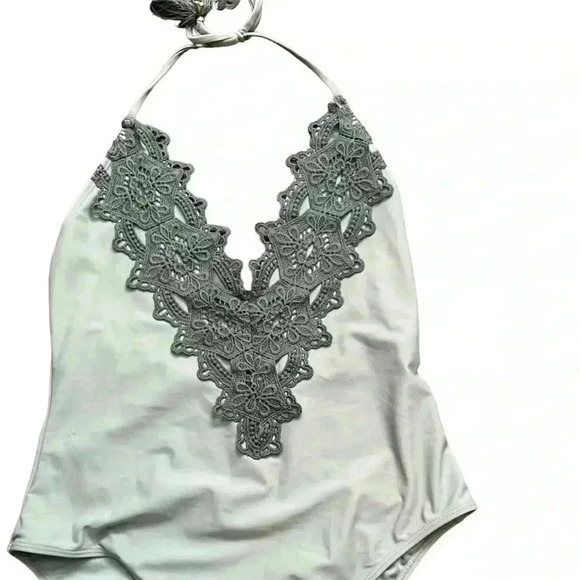 Teal One Piece Bathing Suit crochet Mid Piece, Size Small, Great Condition - Picture 2 of 7